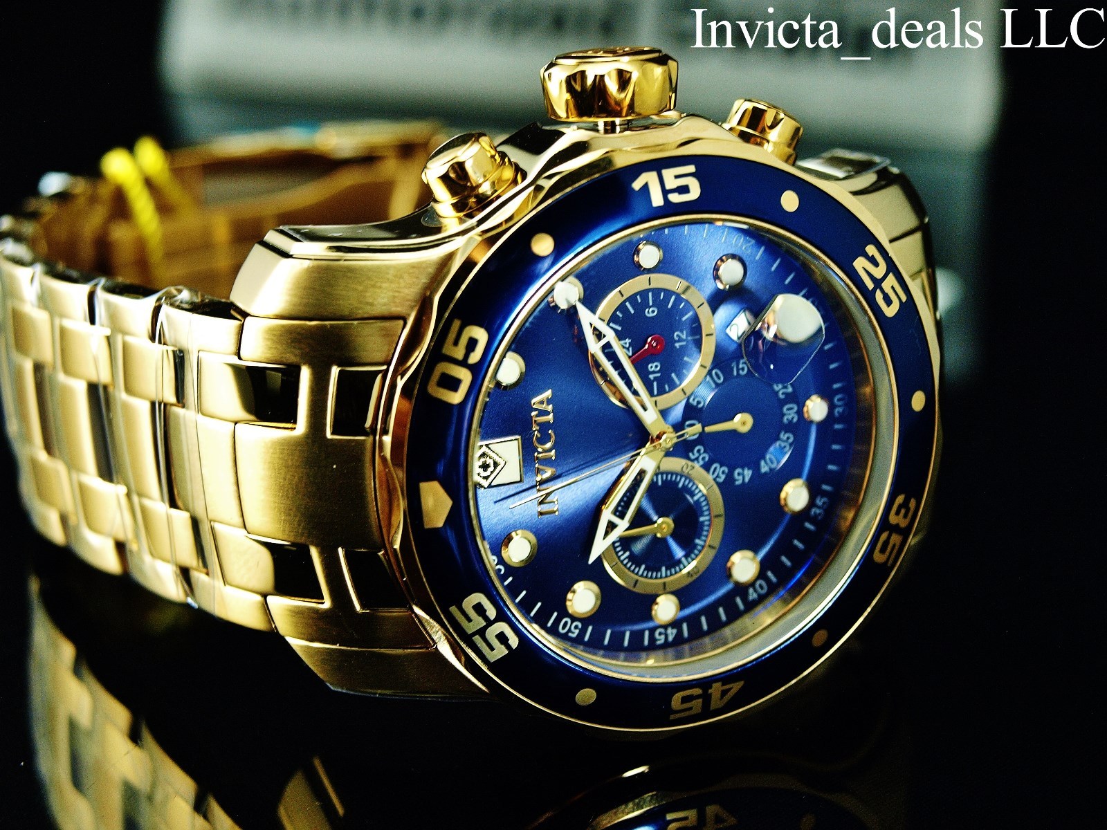 Invicta Men’s 48mm Pro Diver SCUBA Chronograph Blue Dial 18KT Gold Plated Watch