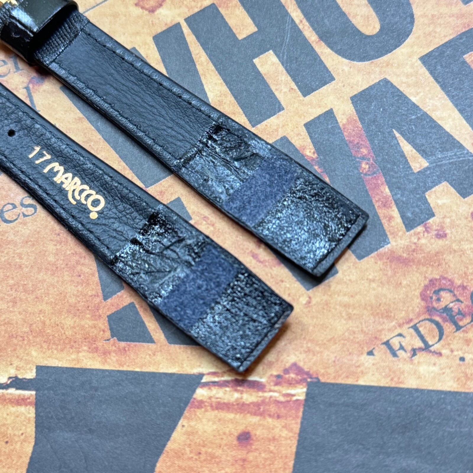 Black textured stitched leather 17mm open-ended vintage watch band rare size NOS