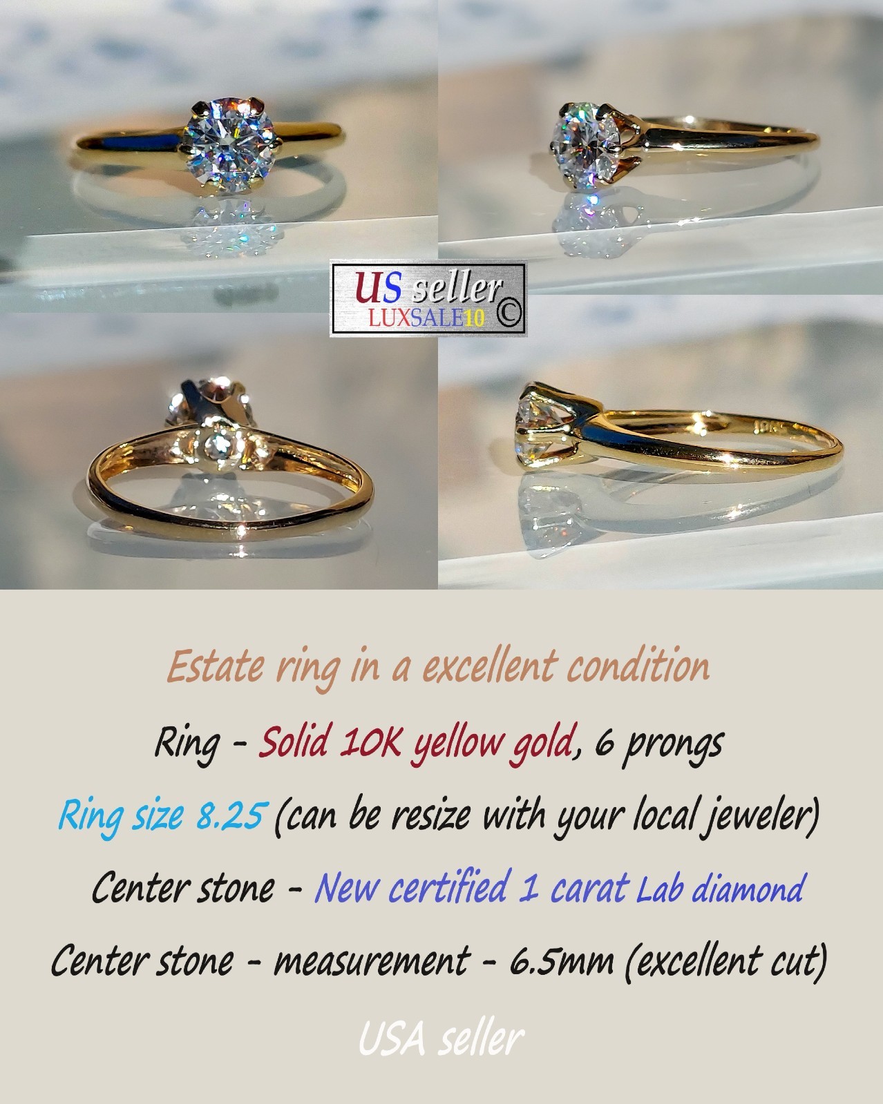 Engagement ring Size 8.25 10k gold ring, 1.0 carat certified. Solitaire ring