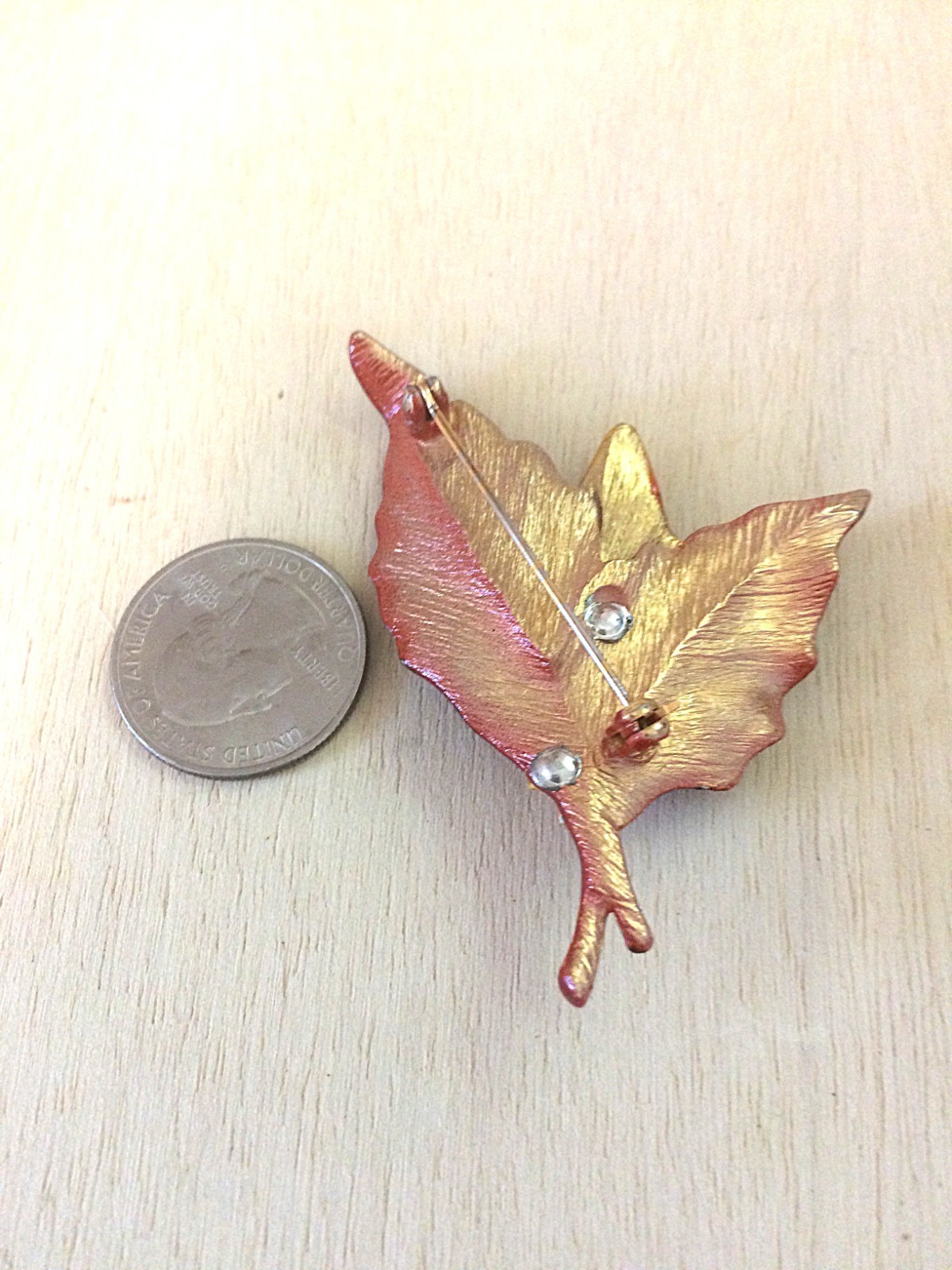 Vintage Enamel Autumn Leaf Brooch Pin Glossy Brown Yellow Fall Foliage 3″