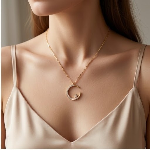 2 Pack Crescent Moon Necklace Gold Tone Crystal Pendant Chain Fashion Jewelry