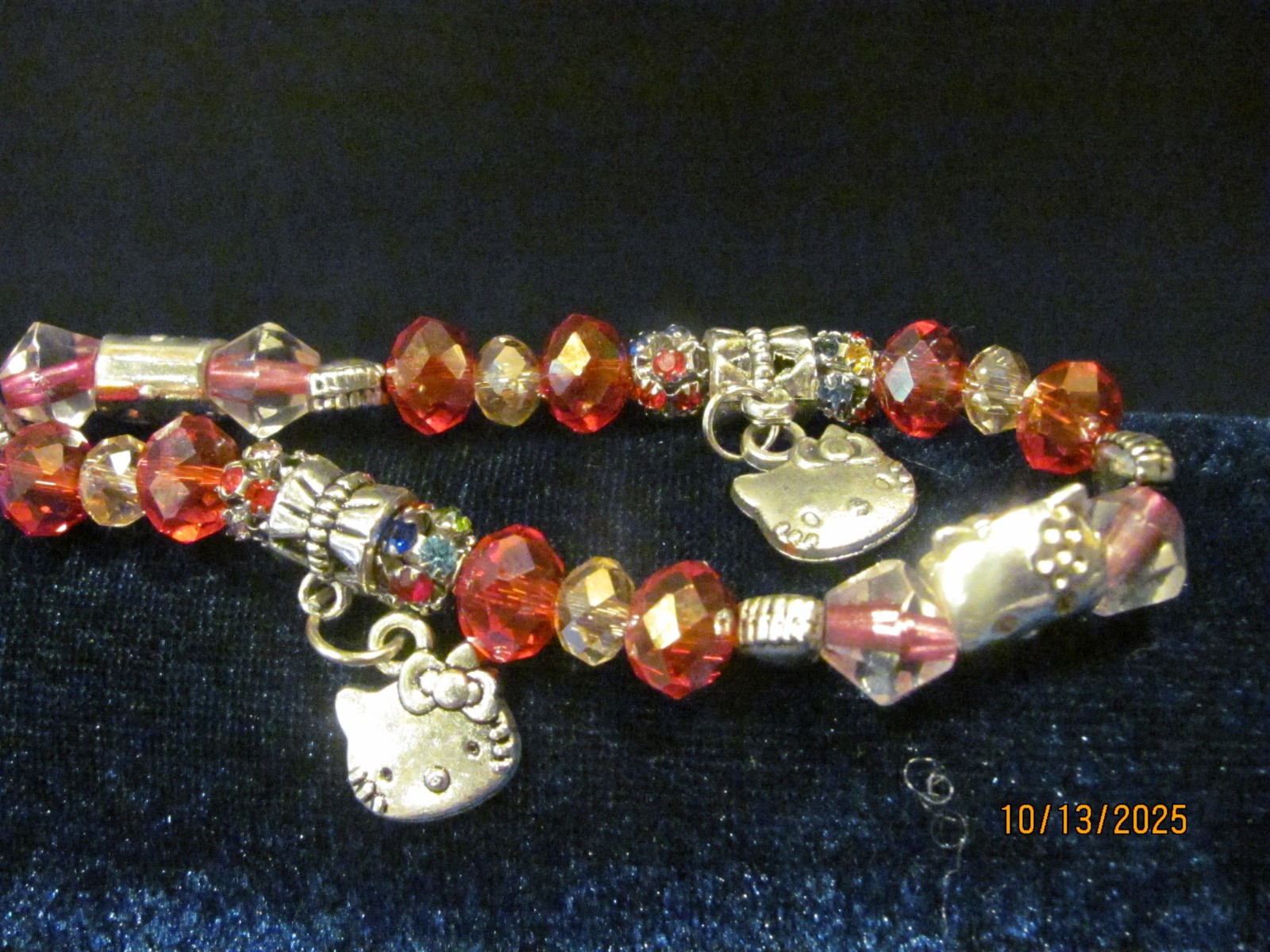 Hello Kitty Bracelet with Red & Pink Crystal, Glass Beads, Stretch Design