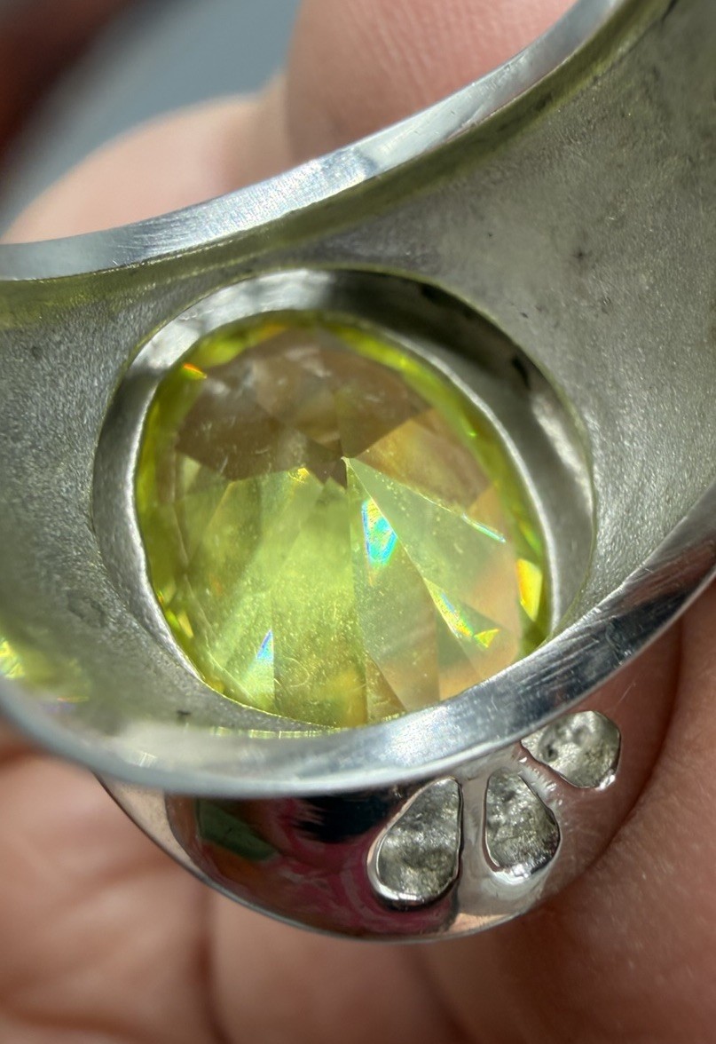 Sterling Silver Large Lime Green Yellow Faceted Crystal Statement Ring Sz 5.75