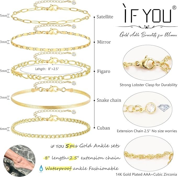Gold Ankle Bracelets for Women, 14k Gold Plated Waterproof Cuban Link Chain Ankl