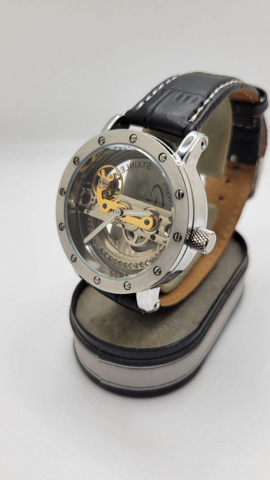 Mens Watch Mechanical Waterproof Luxury Watch Croco Leather Band Hollow Skeleto