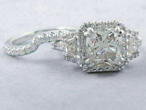 3.29Ct Cushion Cut Diamond Simulated Engagement Bridal Ring Set 14k White Gold