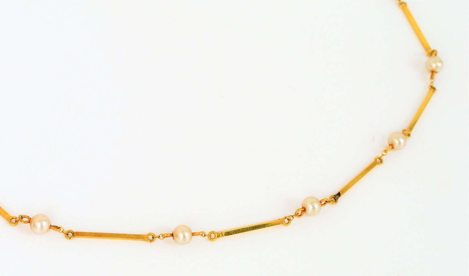 VINTAGE BEAUTIFUL 14K YELLOW GOLD SQUARE BAR LINK PEARL NECKLACE 16″ 3.2 GRAMS !