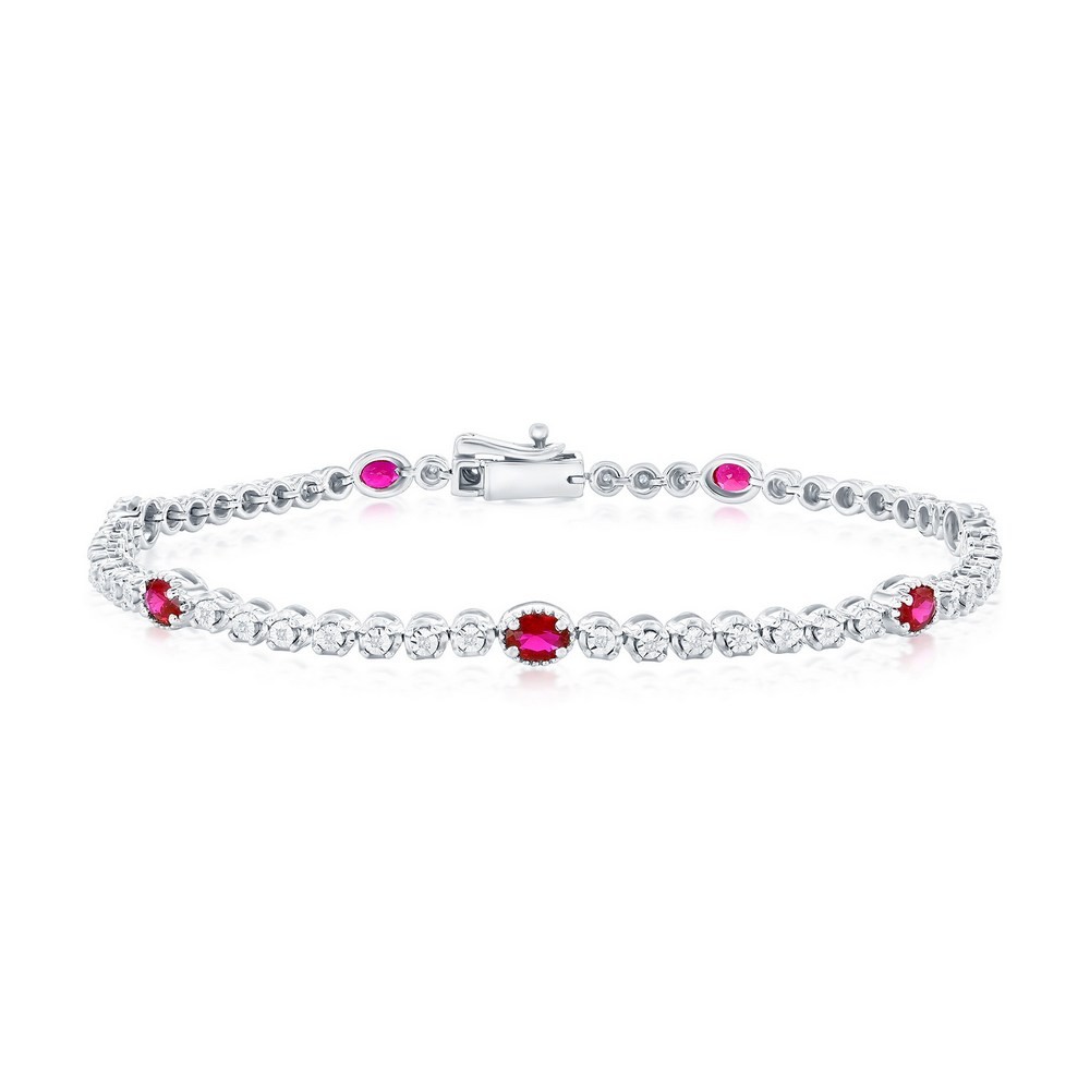 Sterling Silver Lab-Grown 1.40ct Oval Ruby & 0.09ct Bracelet Rhodium Plated