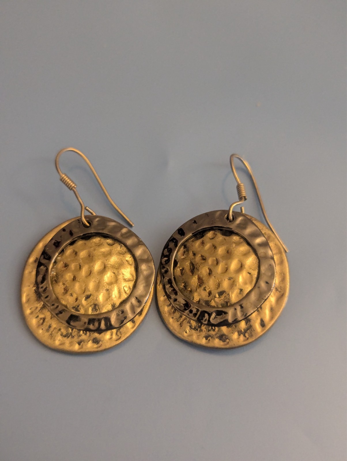 Two Toned Hammered Brass Disk Dangle Earrings
