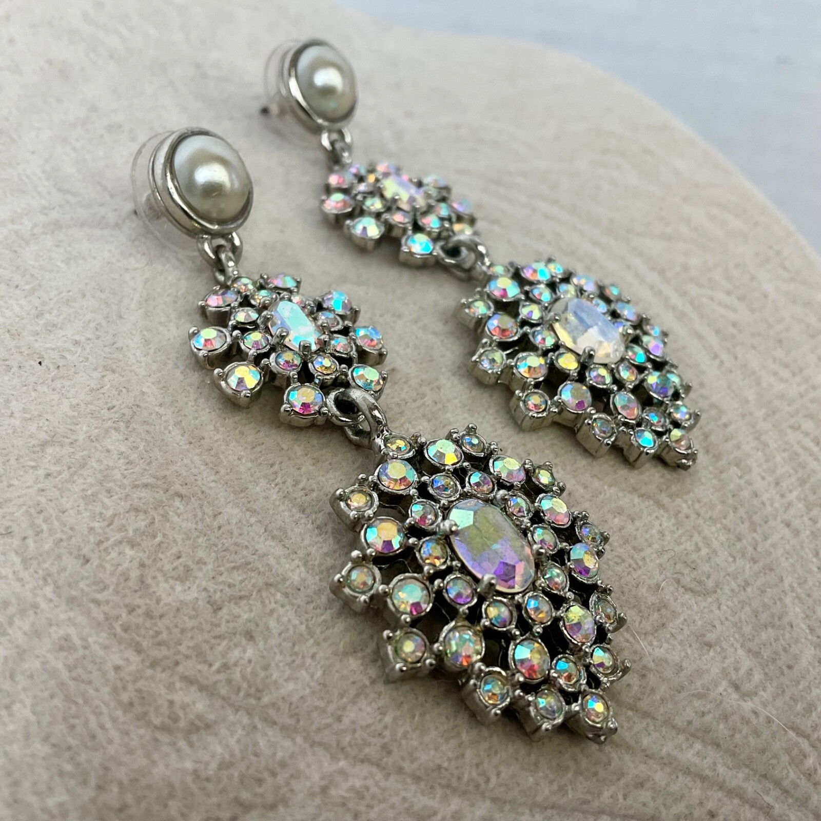 Aurora Borealis Rhinestone Drop Dangle Post Earrings Statement Snowflake Shimmer