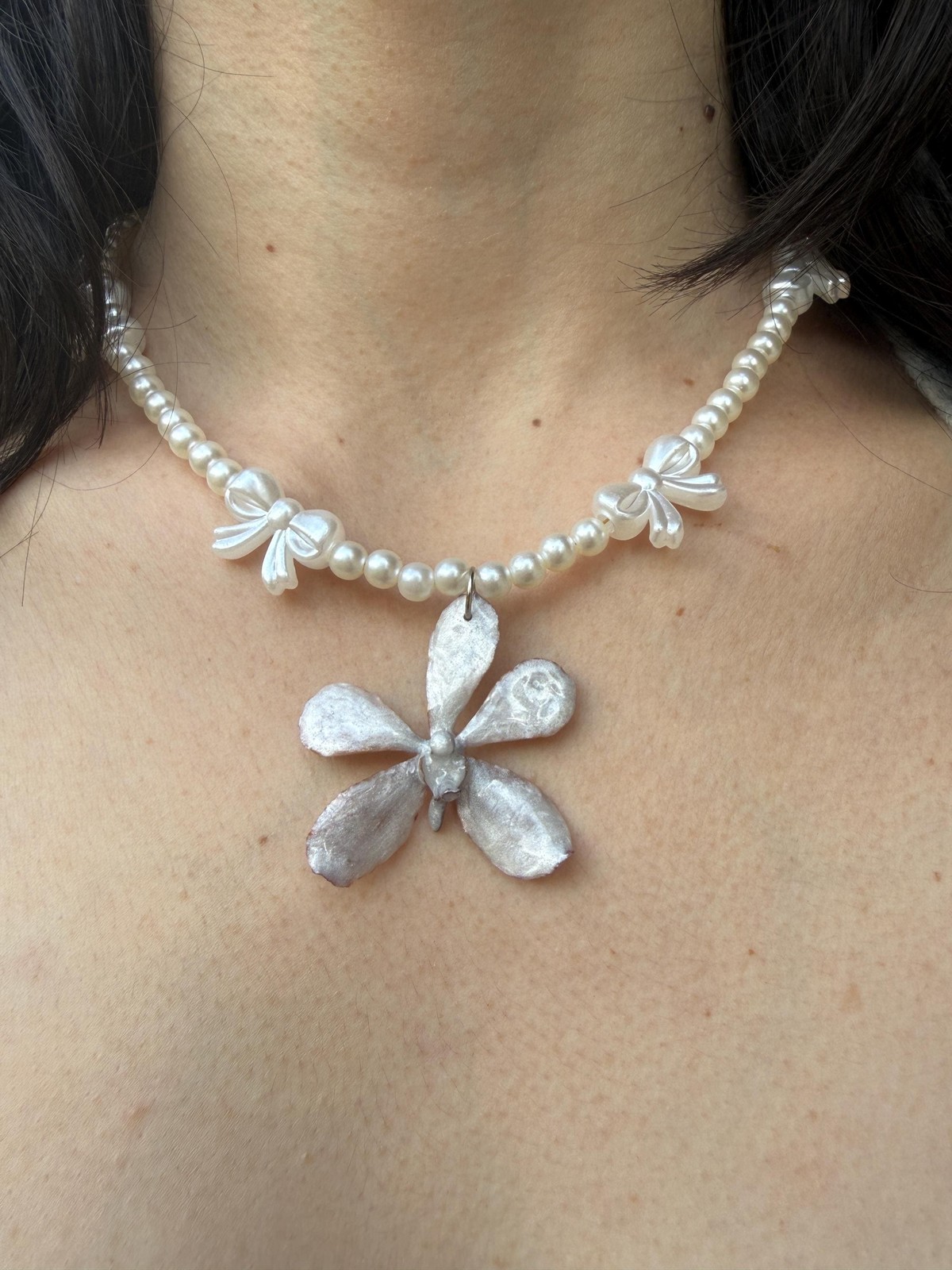Coquette Pearl Bow Necklace | Real Orchid Resin Pendant | Cream Gray Silver