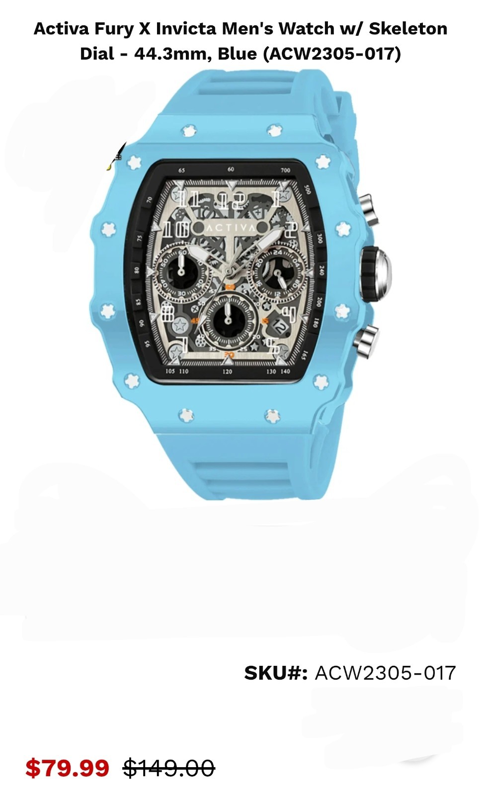 Invicta Activa Fury X Men’s Skeleton Dial Chronograph Quartz 44mm Blue 50m (111)
