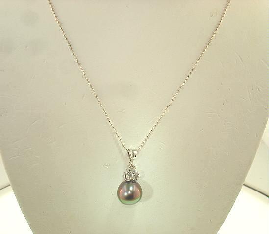 14k White Gold 12.2mm 13.04Cts Black Tahitian Pearl 0.06Cts Diamond Pendant #1