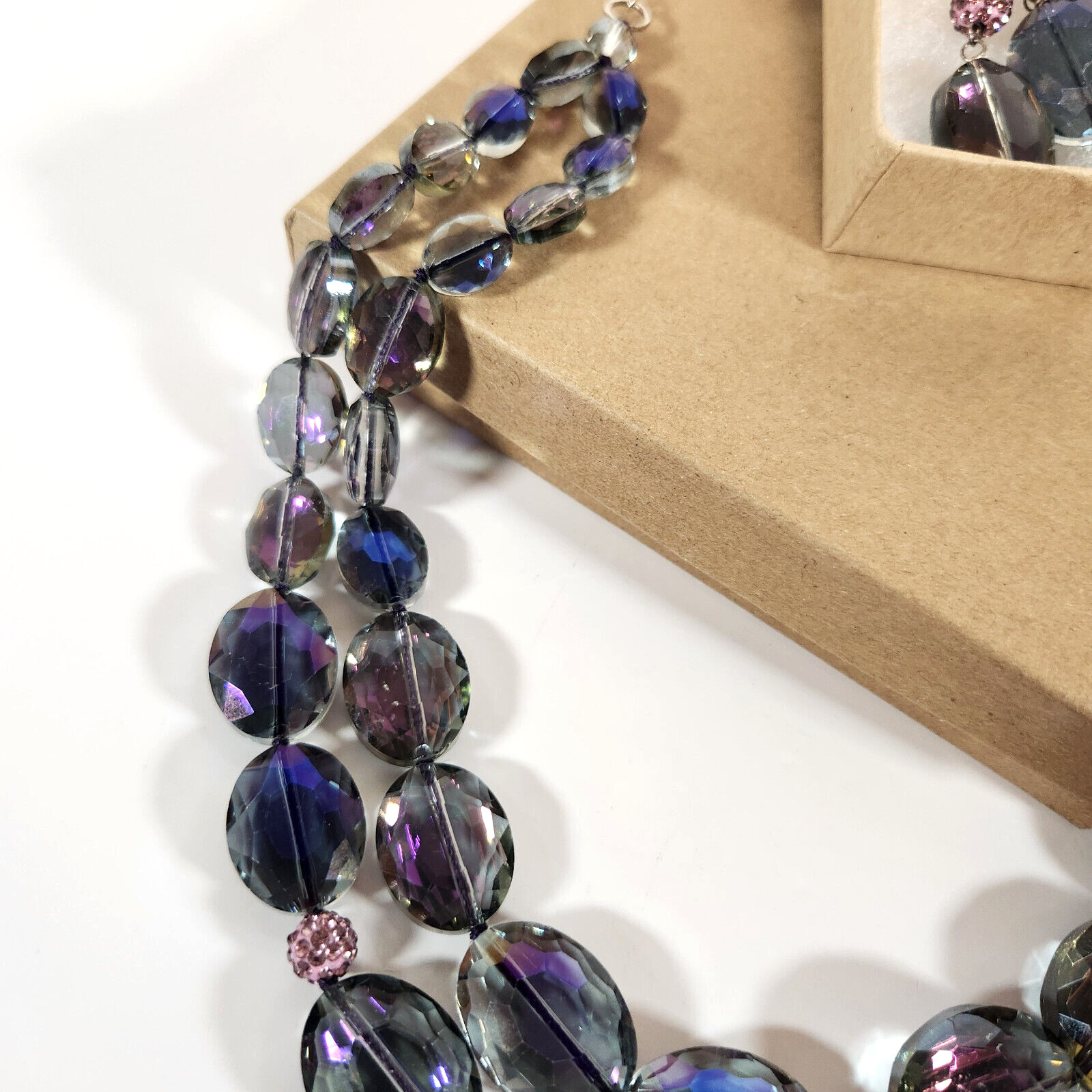 Beaded Necklace Clip Earrings Purple Blue Pink Iridescent Smoky Special Occasion