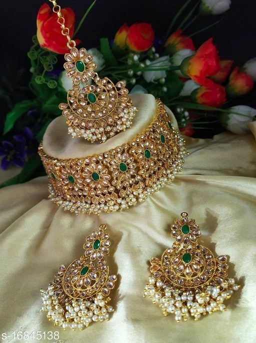 Indian Gold Plated Choker Bridal Wedding Crystals Jewelry Necklace Earrings Set