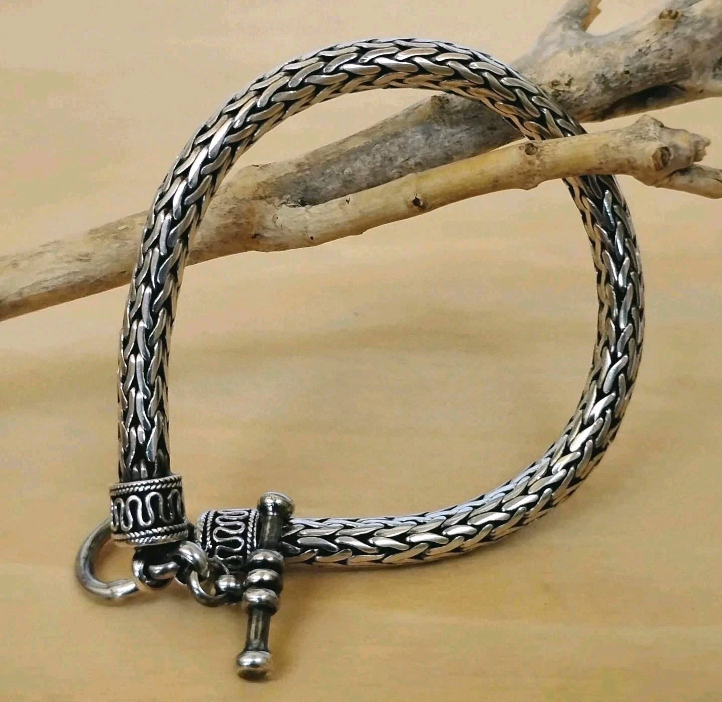 Sterling Silver 6mm Wheat Braided Link Toggle Bracelet 925 Oxidized 33.9g
