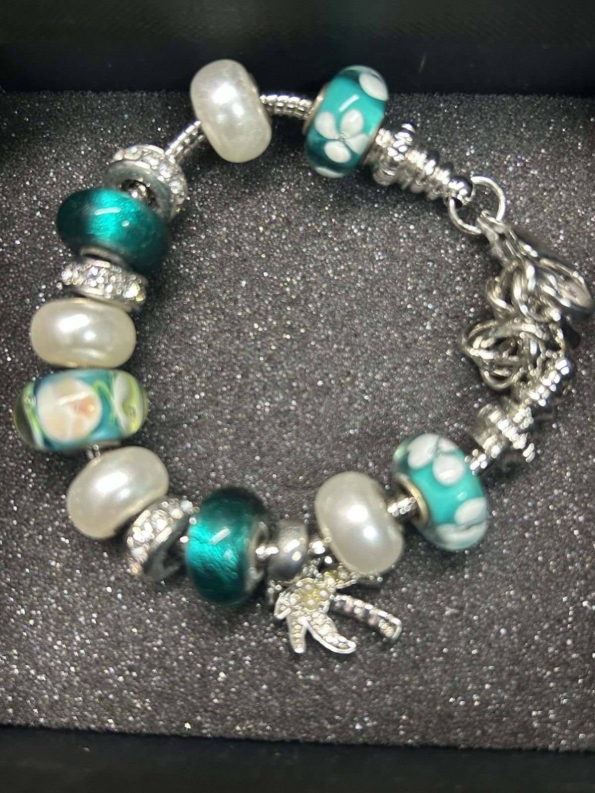 Bella Perlina Green/Silver Charm Bracelet With Palm Tree Rhinestone Accent