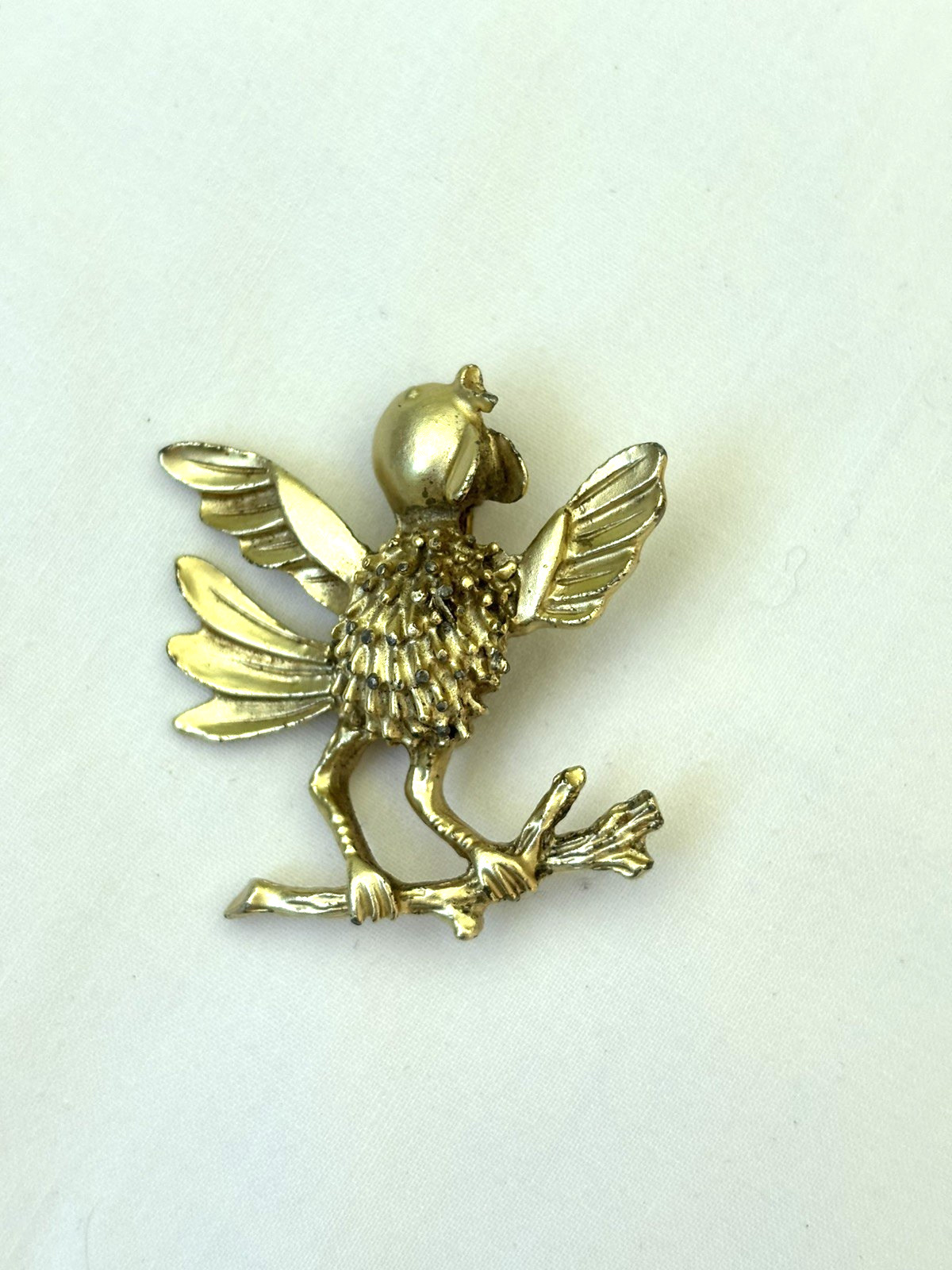 Vintage Gold Plated Satin Finish Singing Bird Perched on Branch Pin Brooch 60’s