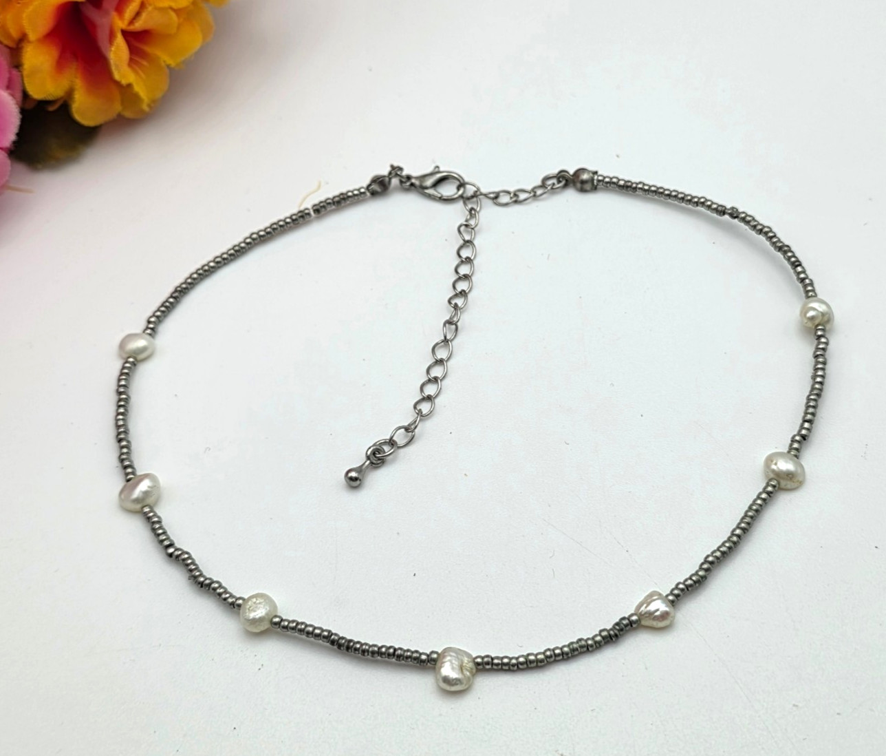 White Natural Baroque Pearl Station Necklace Silver Tone Seed Beads 15 In Vtg.