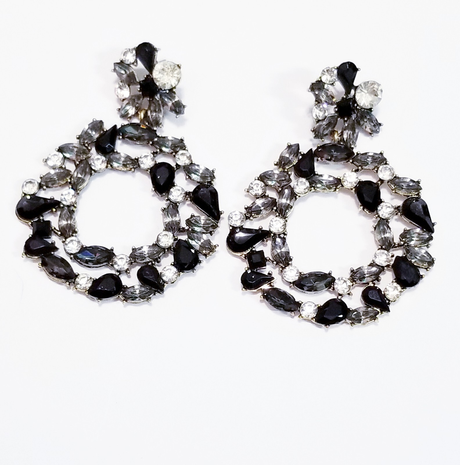 Chandelier Rhinestone Crystal Pageant Bridal Earrings Black Hoops Dangle 2.8 in