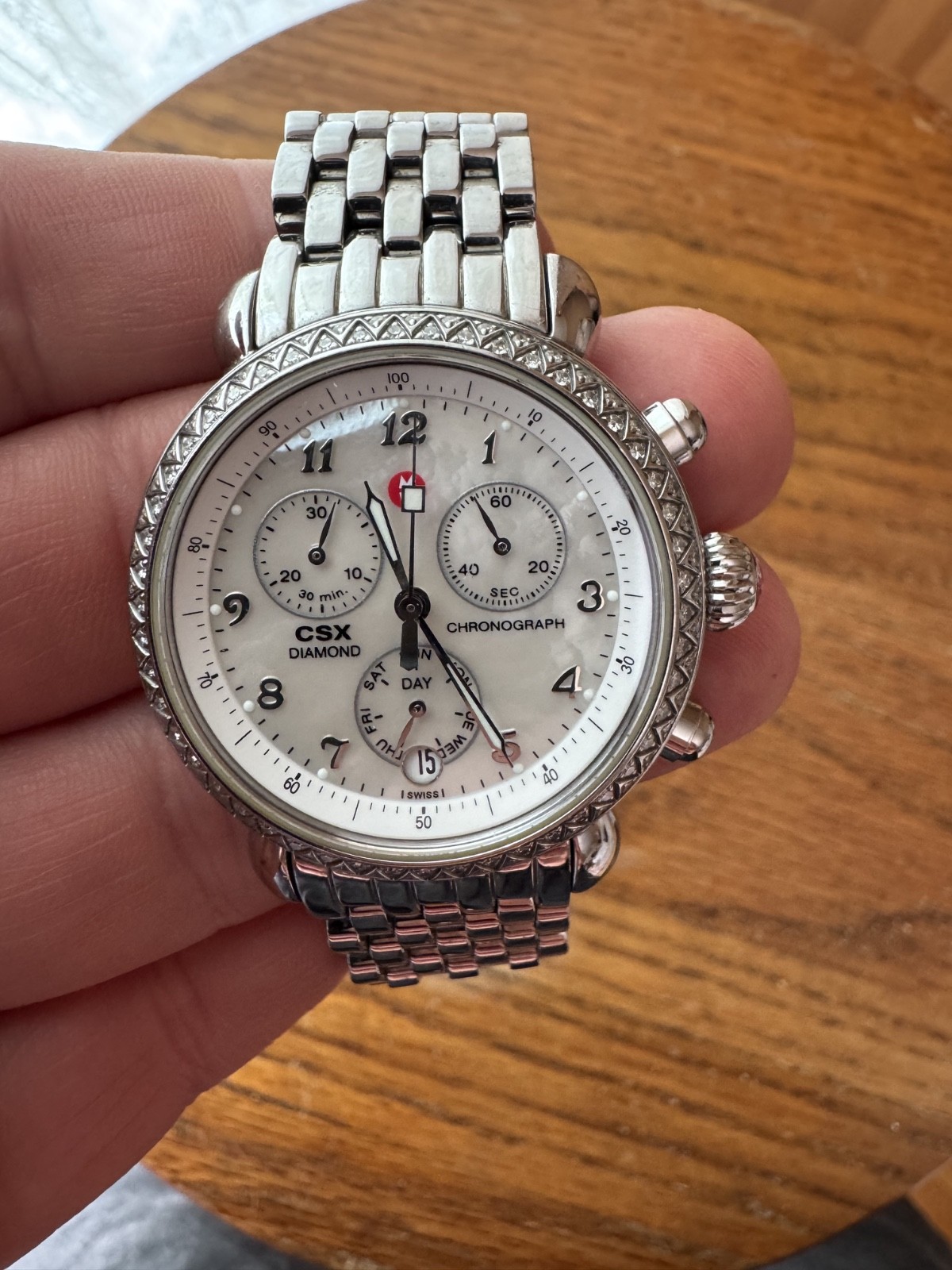 Michele CSX Diamond Bezel Mother of Pearl Chronograph Watch, 36mm • MW03M01A1025