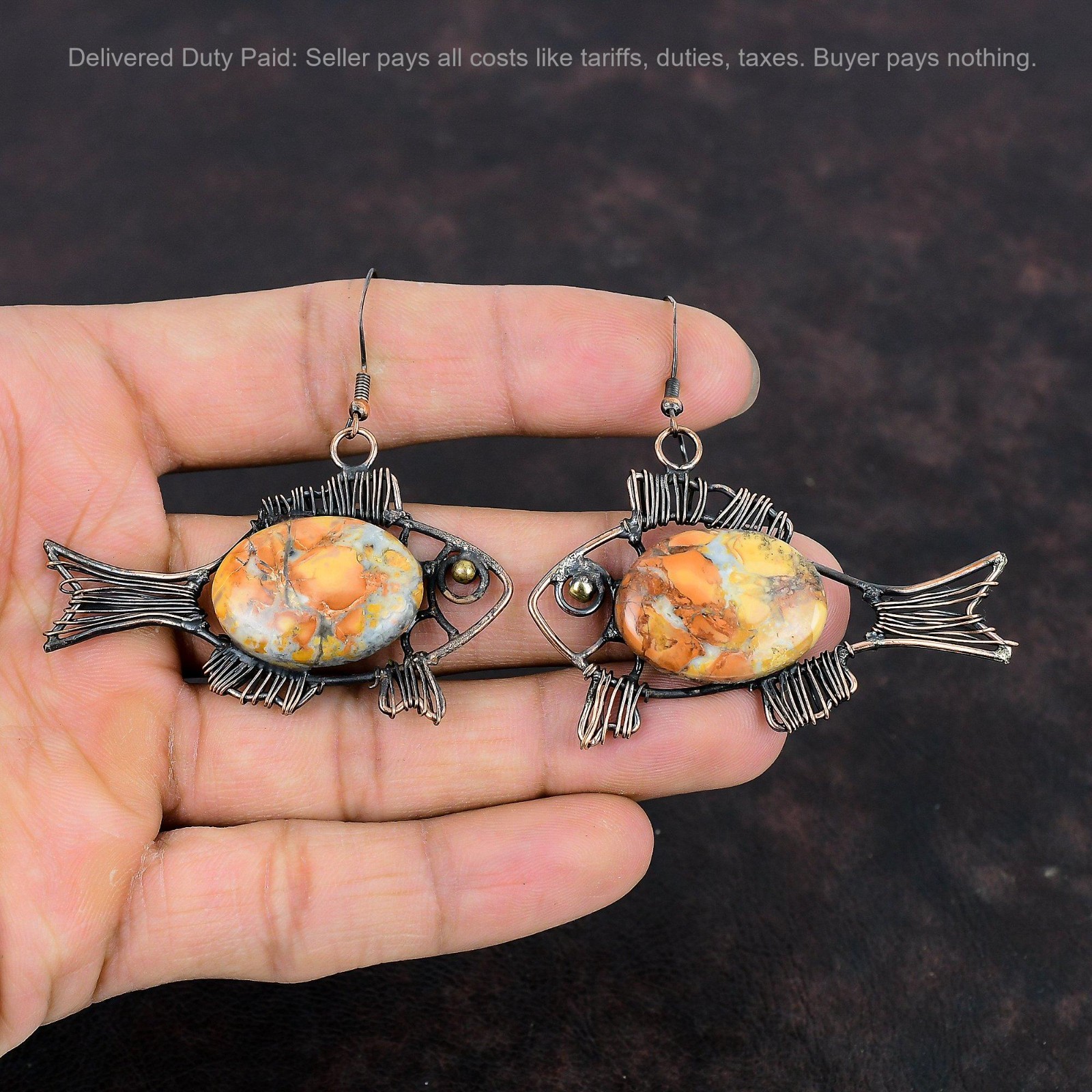 Copper Maligano Jasper Gemstone Ethnic Hook Boho Wire Wrapped Fish Drop Earrings