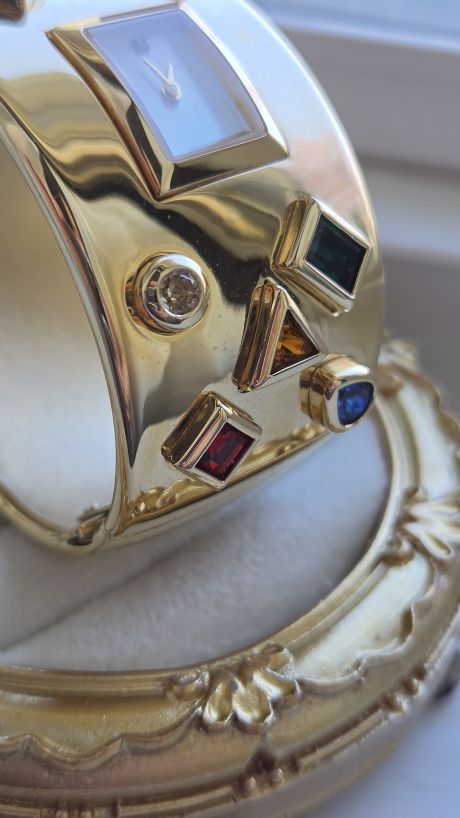 Vintage Franklin Mint Bob Mackie 24k GP Bezel Stone Cuff Watch Estate