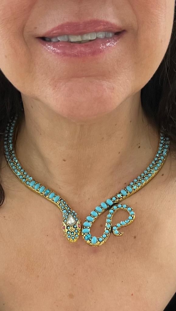 Blue Topaz Turquoise Rhinestone Snake Necklace Wrap Victorian Egyptian Rev. Faux