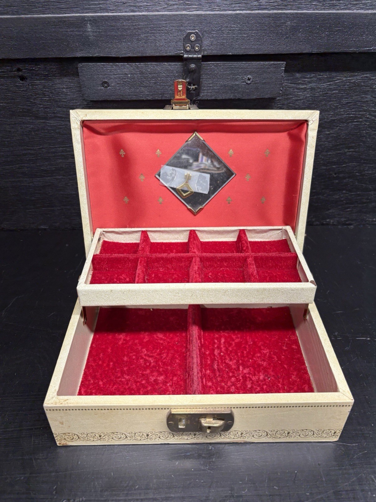Vintage White/Cream Jewelry Box With Red Velvet Lining, Mirror And Key See Pics