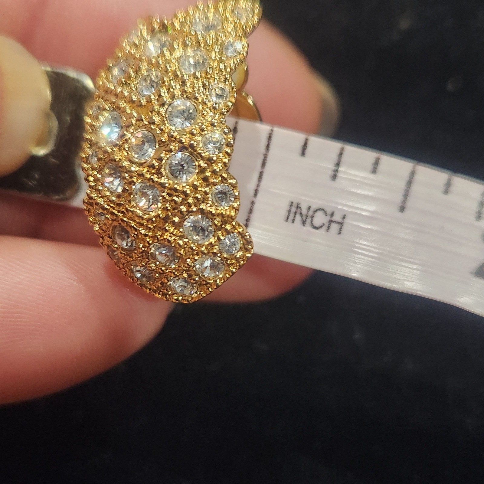 Gold Tone Pave Rhinestone Clip On Earrings Vintage Style Scalloped J Hoop