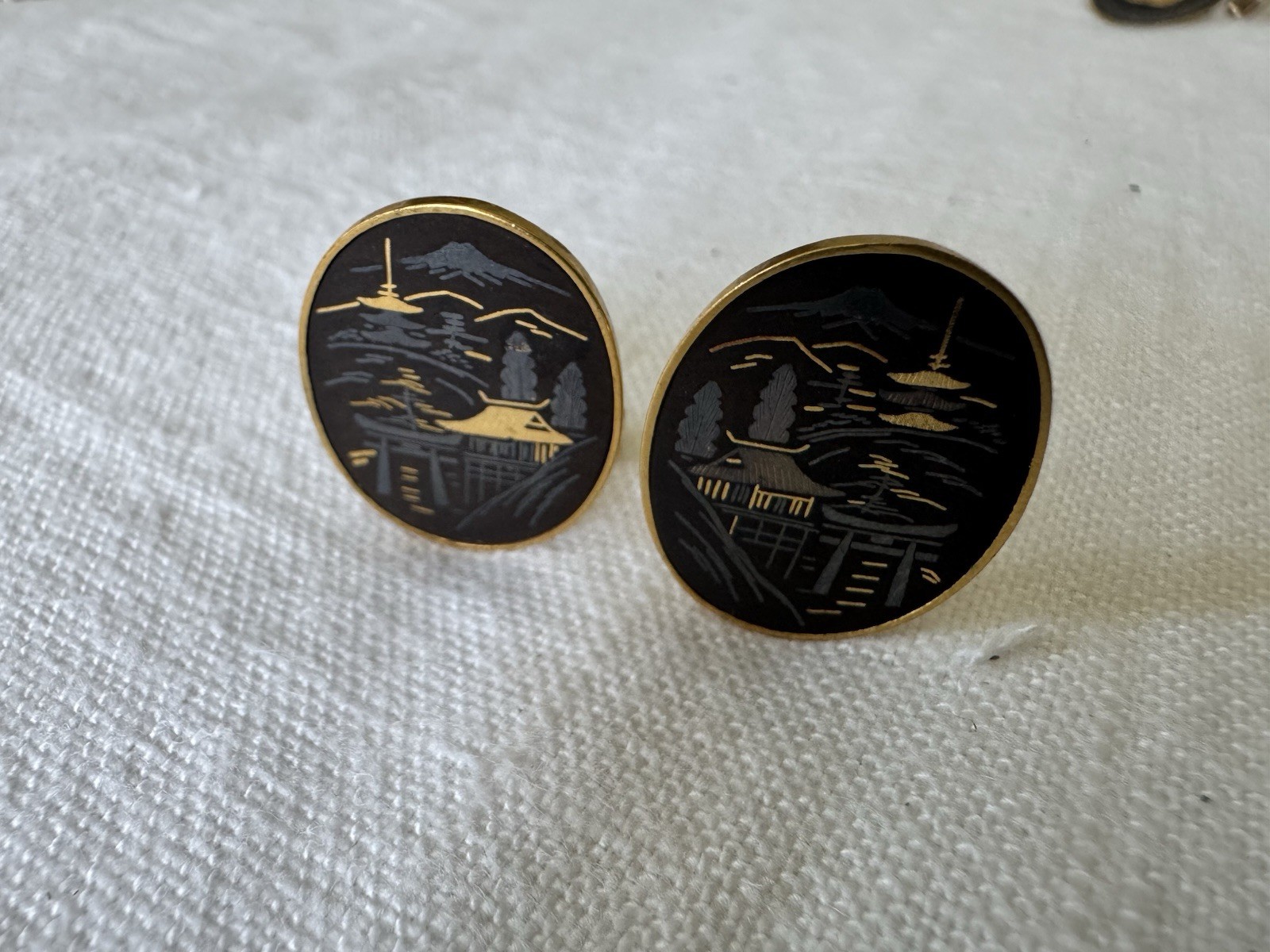 Vintage Sterling Silver Japanese Damascene Cufflinks Pagoda Mt. Fuji Japan 950