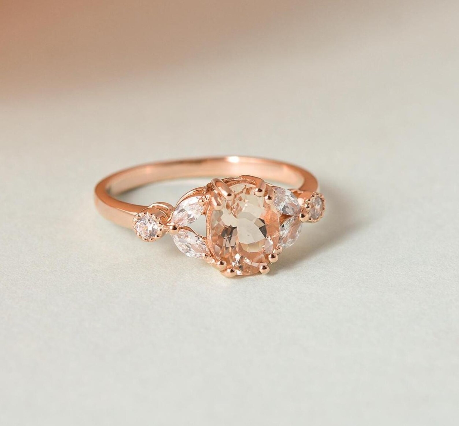 Morganite & Moissanite Wedding Ring Yellow Gold Plated 925 Silver Promise Ring
