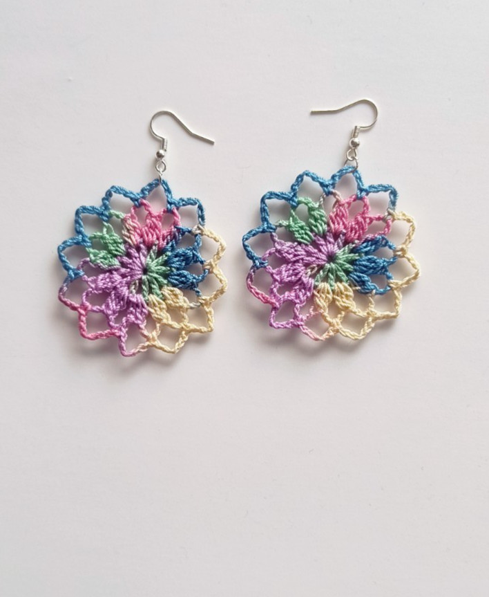 Crochet Earrings, Round , Handmade USA, Brand New, Boho Chic Retro