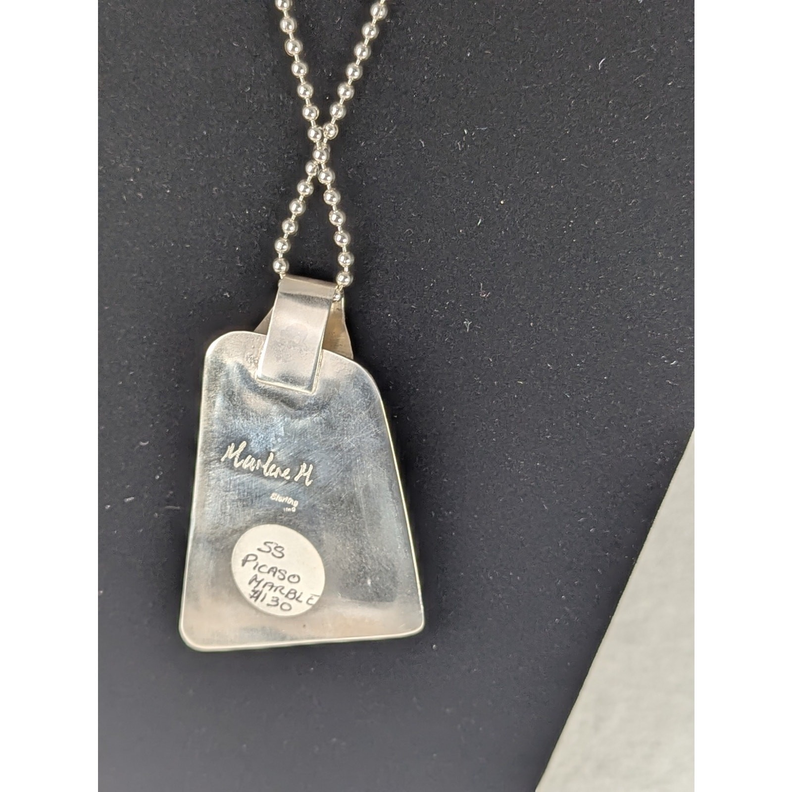 Picasso marble Sterling large pendant set in asymmetrical bezel + ball chain NWT