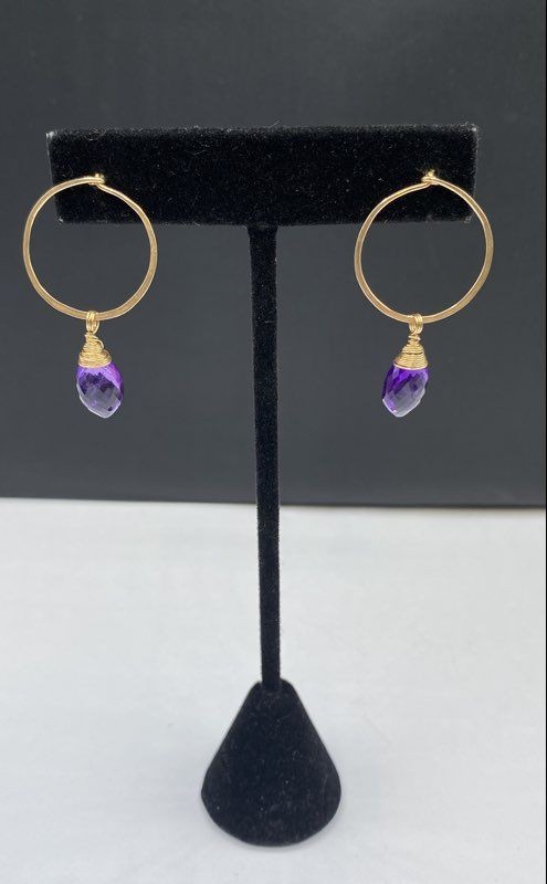 10K Yellow Gold Amethyst Briolette Hoop Dangle Earrings 2.4g 1.5″
