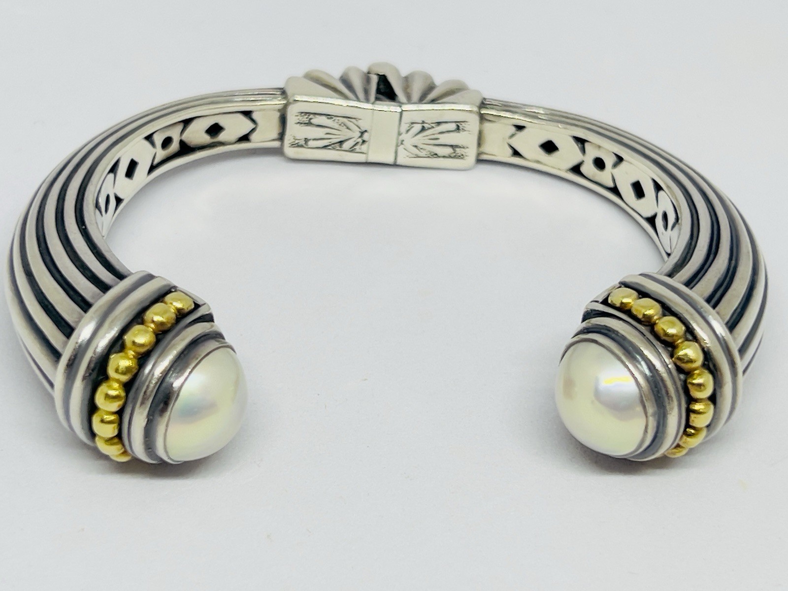 LAGOS Caviar Heavy 925/18k Yellow Gold Hinged Cuff Bracelet Mabe Pearls 64.7 g