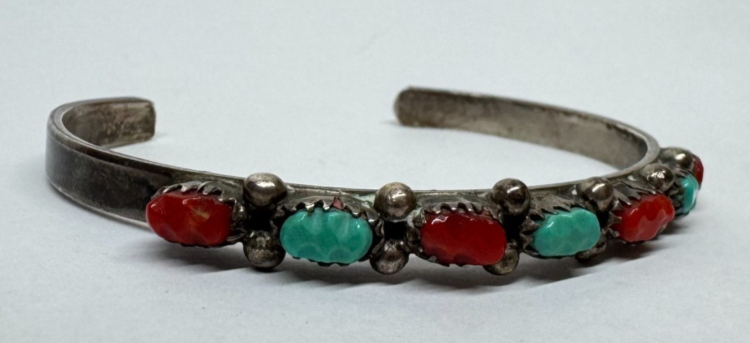 Vintage Native American SS Turquoise & Red Coral Cuff Bracelet [056GRS]