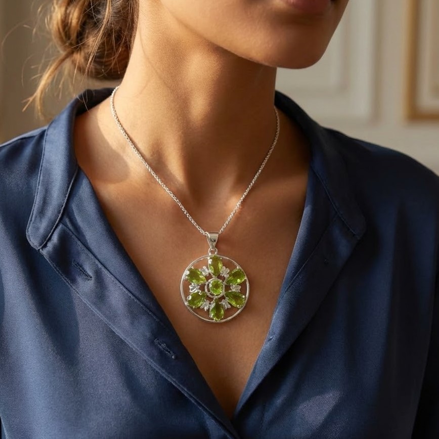 Green Peridot Flower Pendant| 50–55 Carat Green Gem in Sterling Silver Necklace