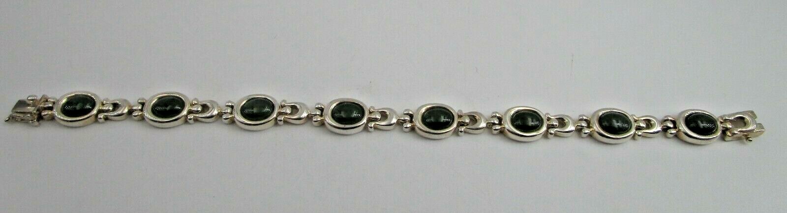 Sterling Silver Bracelet Oval Cabochon Green Jade Plain Bezel Set Box Clasp