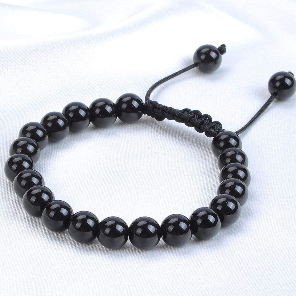 Unisex Adjustable Macrame Hand Braided Black Agate Stone Beads Bracelet 8mm