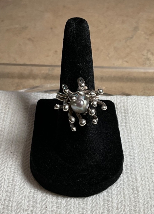 Brutalist Sterling Silver Ring Genuine Pearl Size 5