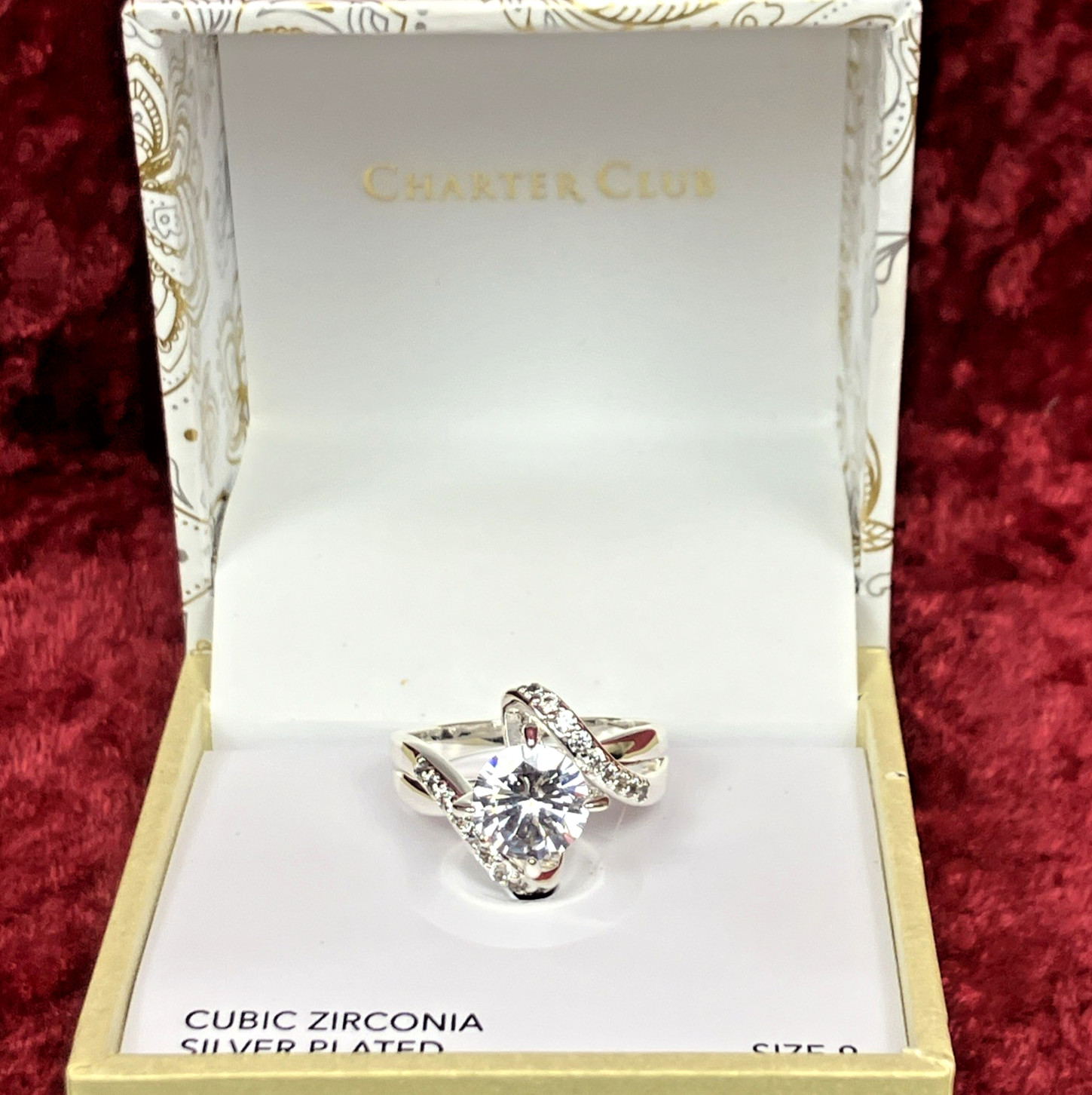 Charter Club Crystal Stone Bypass Ring Fine Silver Plate SIZE 6 or 9 NIB