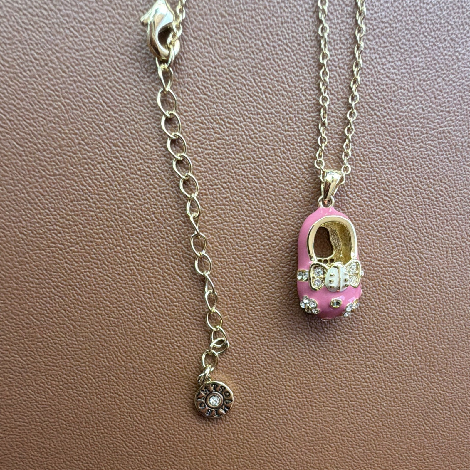 LMTS Gold Tone Cable Chain Pink Enamel Shoe Charm Necklace Crystal Signed
