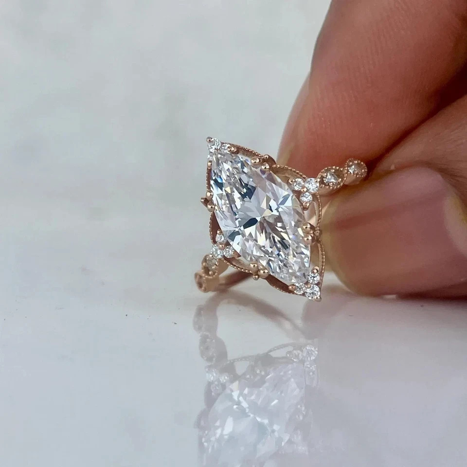 Diamond Ring Lab Grown Marquise Cut 14k Rose Gold 2.75 Ct IGI Certified VVS E F