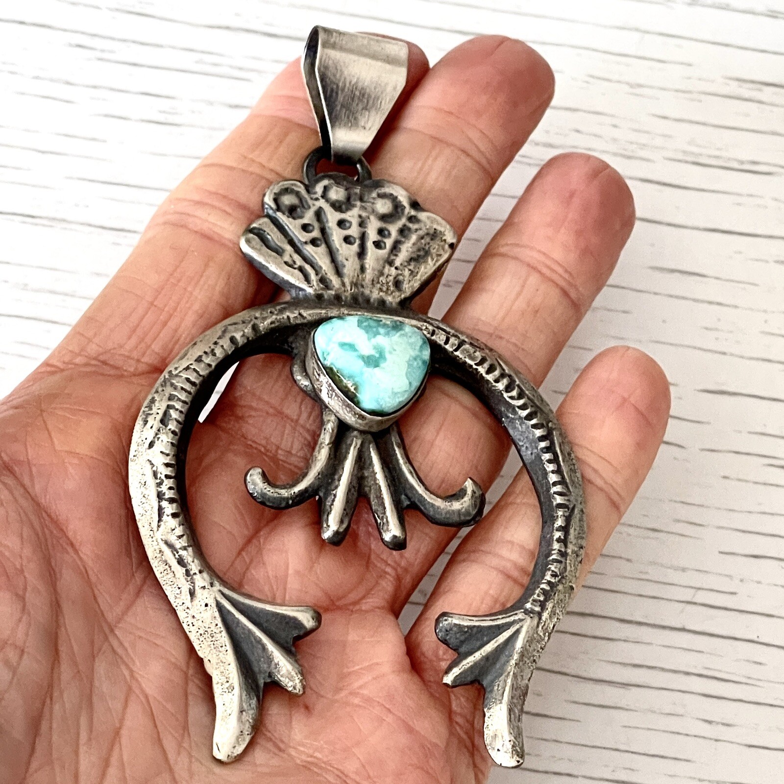 BIG Navajo Naja Pendant Turquoise 3.75in Squash Blossom Signed 925 Matte