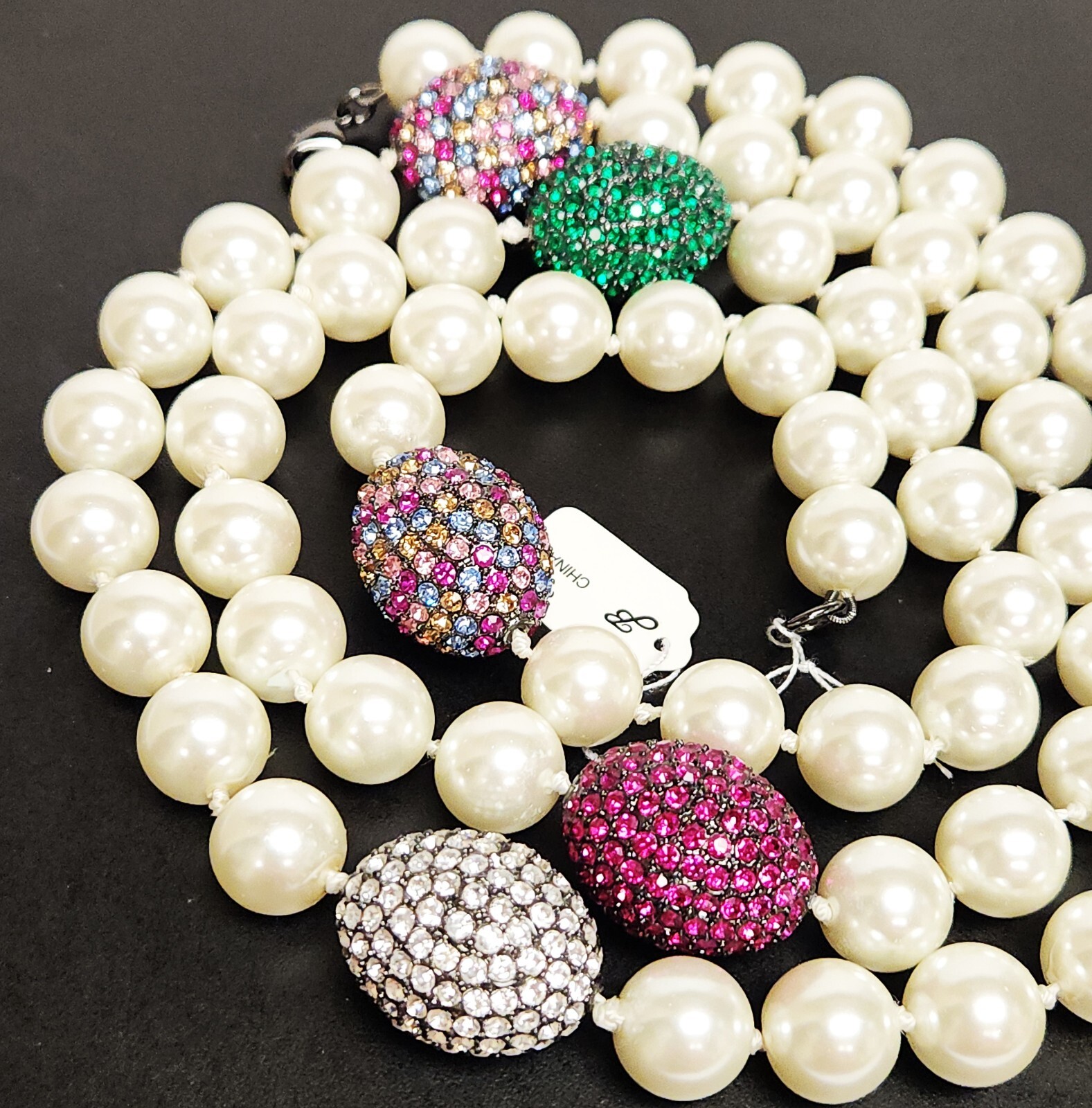 NWT Joan Boyce Faux Pearl Egg Shape Pave Set Rhinestone Spacer Long Necklace 44″