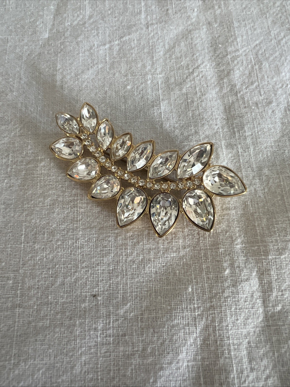 Vtg Signed Monet Gold Tone Leaf White Rhinestones Brooch Statement Pin 2 5/8 in