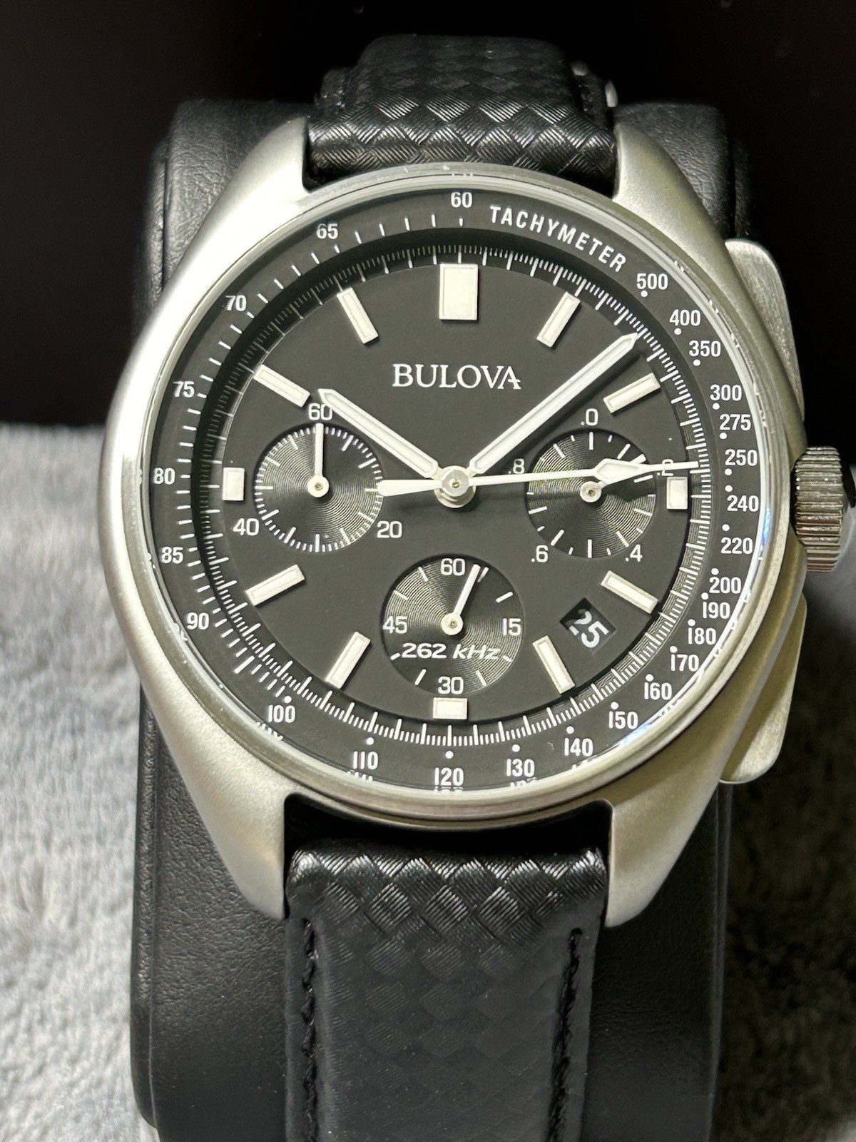 Bulova Lunar Pilot Quartz Chronograph Black Dial Date Leather Strap 50m Box