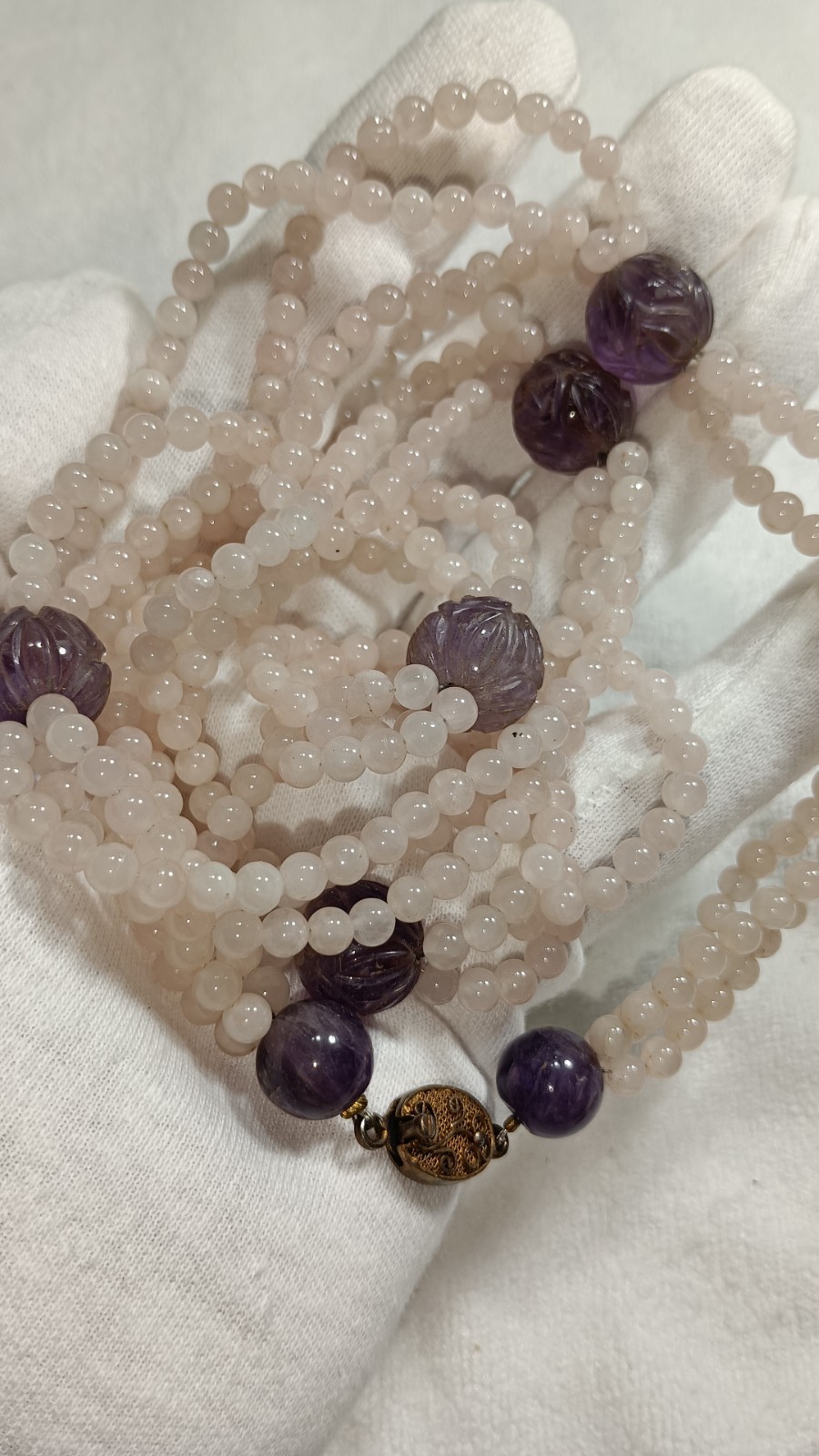 Vintage Chinese Rose Quartz Carved Amethyst Stone Beaded Necklace Silver Clasp