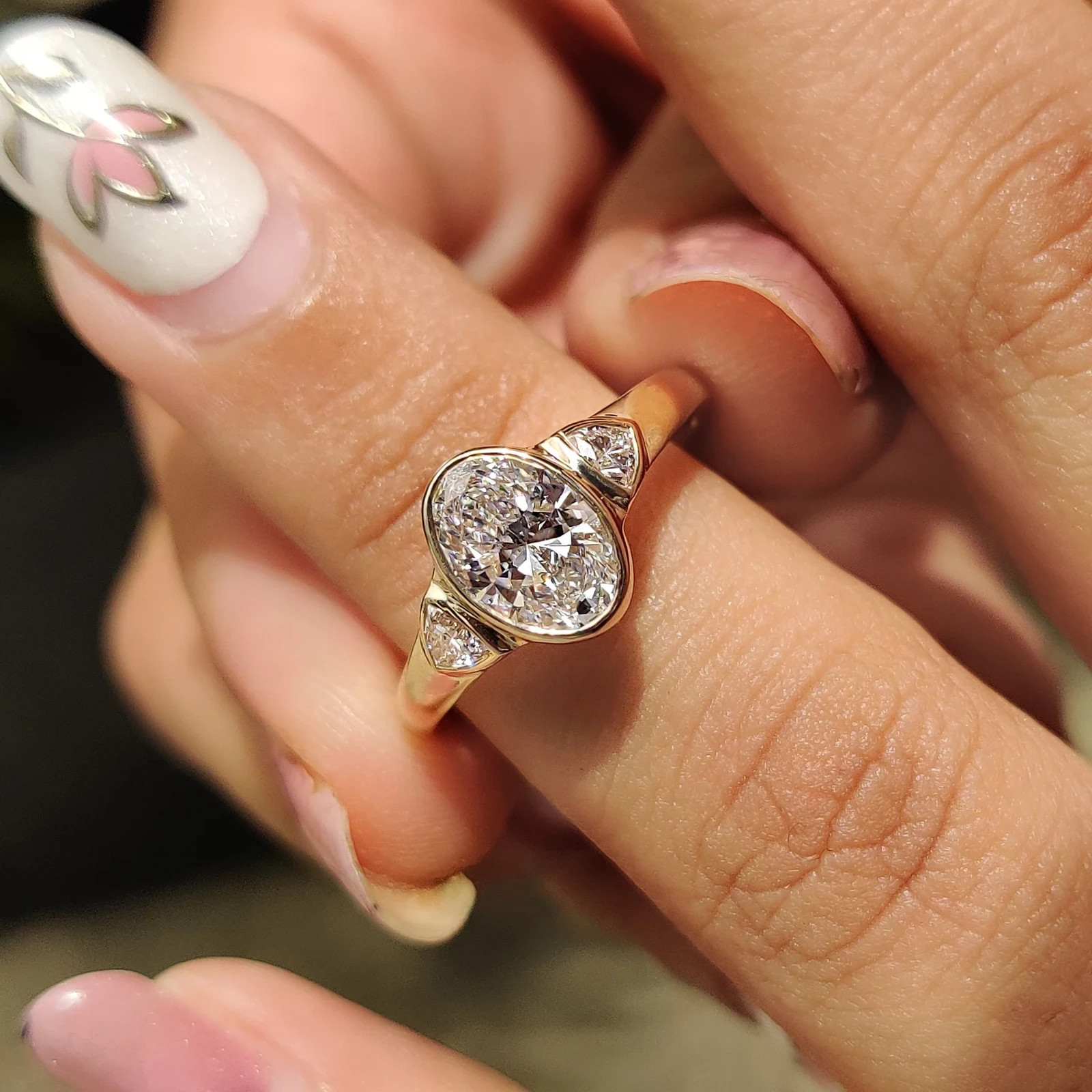 2.00CTOval Bezel Engagement Ring 9K Yellow Gold Lab Grown Diamond Trillion Sides